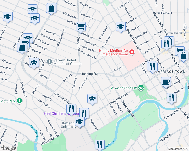 map of restaurants, bars, coffee shops, grocery stores, and more near 911 Frost Street in Flint