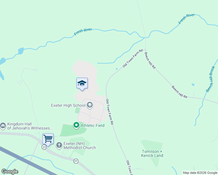 map of restaurants, bars, coffee shops, grocery stores, and more near 66 Old Town Farm Road in Exeter