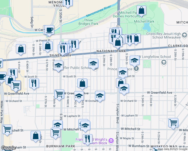 map of restaurants, bars, coffee shops, grocery stores, and more near 3014 West Scott Street in Milwaukee
