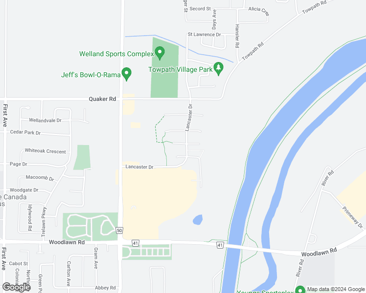 map of restaurants, bars, coffee shops, grocery stores, and more near 11 Jefferson Court West in Welland