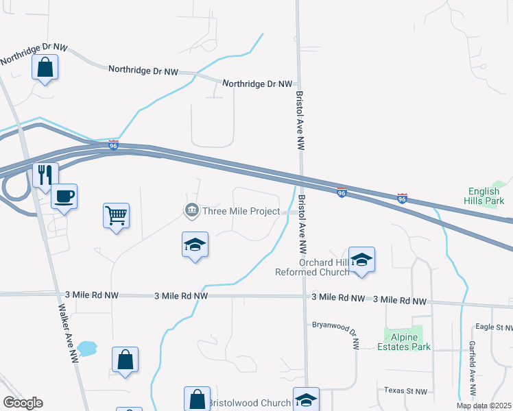 map of restaurants, bars, coffee shops, grocery stores, and more near 2955 Bristol Avenue Northwest in Grand Rapids