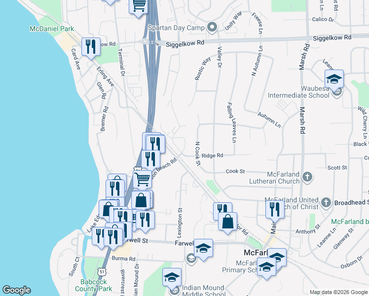 map of restaurants, bars, coffee shops, grocery stores, and more near Preston Place in McFarland