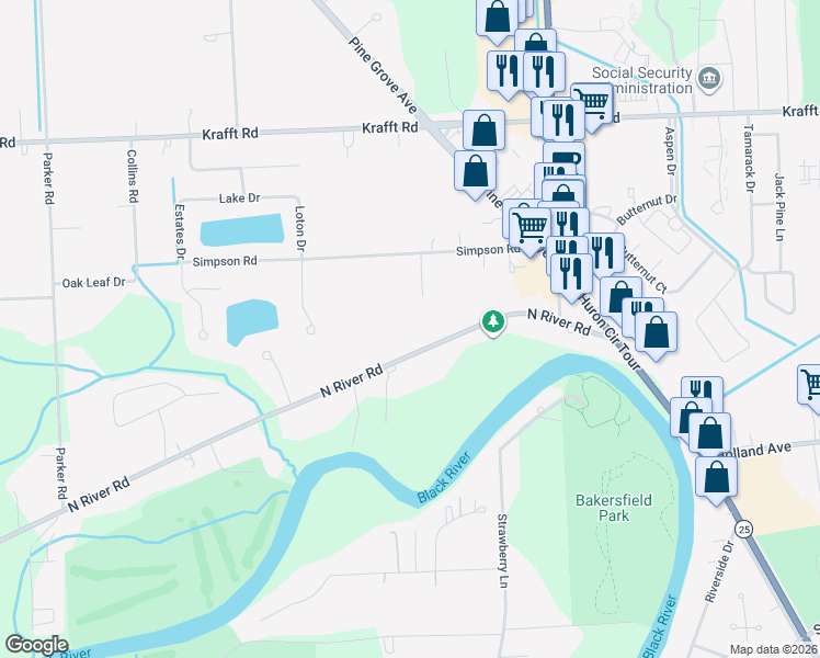 map of restaurants, bars, coffee shops, grocery stores, and more near 3112 North River Road in Fort Gratiot Township