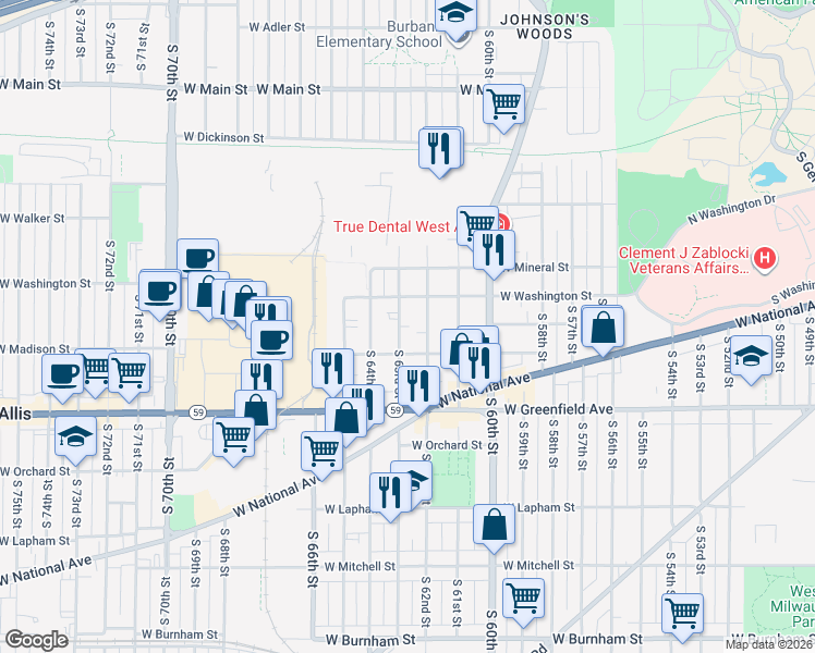 map of restaurants, bars, coffee shops, grocery stores, and more near 1229 South 62nd Street in West Allis