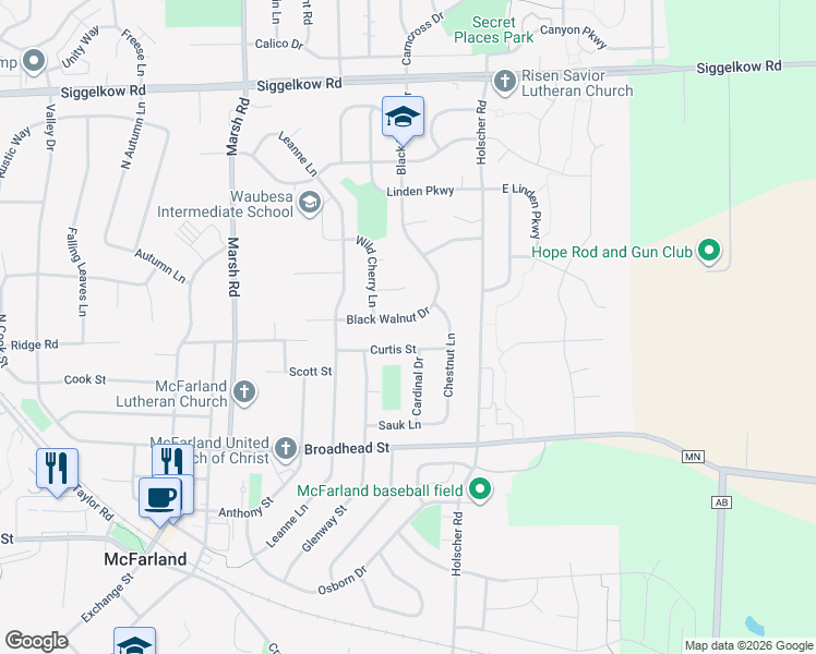 map of restaurants, bars, coffee shops, grocery stores, and more near 5715 Curtis Street in McFarland