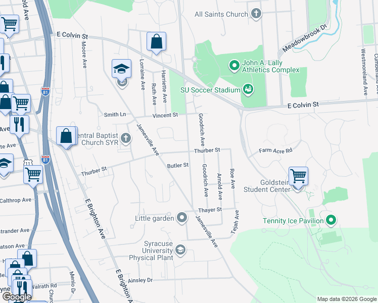 map of restaurants, bars, coffee shops, grocery stores, and more near Comstock Avenue & Thurber Street in Syracuse