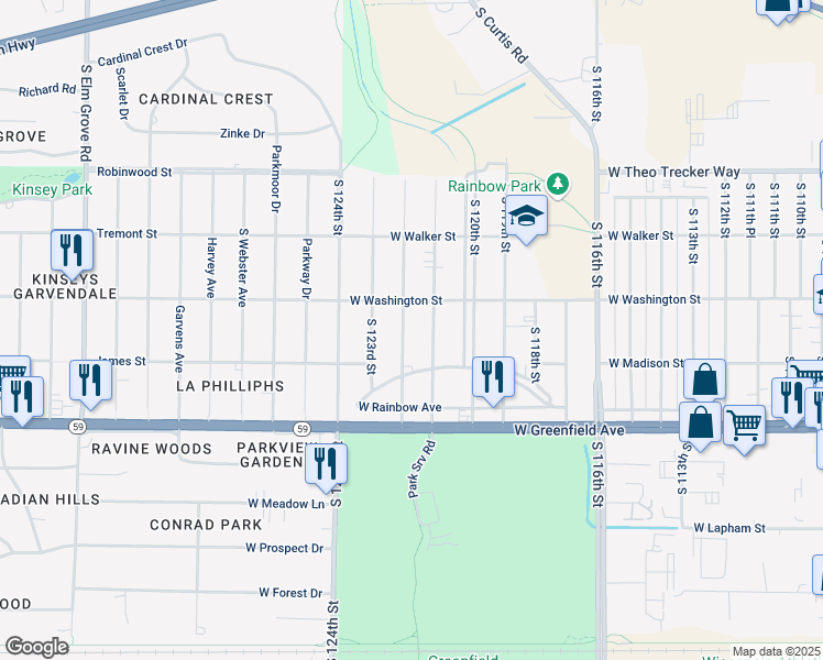 map of restaurants, bars, coffee shops, grocery stores, and more near 1231 South 122nd Street in West Allis