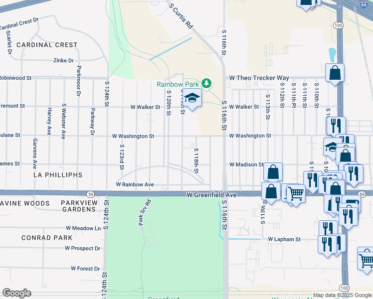 map of restaurants, bars, coffee shops, grocery stores, and more near 11834 West Rainbow Avenue in West Allis