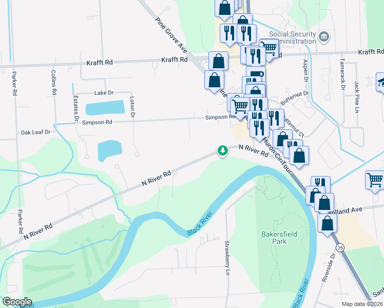 map of restaurants, bars, coffee shops, grocery stores, and more near 3112 North River Road in Fort Gratiot Township