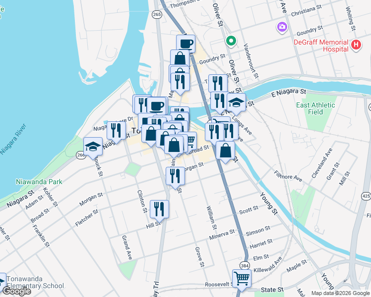 map of restaurants, bars, coffee shops, grocery stores, and more near 65 Broad Street in Tonawanda