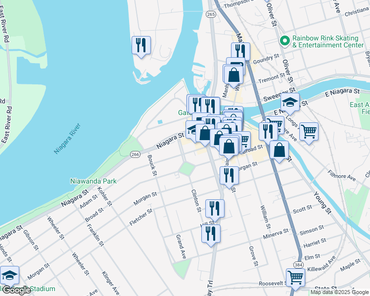 map of restaurants, bars, coffee shops, grocery stores, and more near 37 Clinton Street in Tonawanda