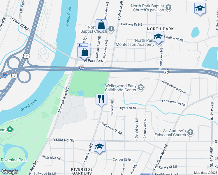 map of restaurants, bars, coffee shops, grocery stores, and more near 3047 Effie Place Northeast in Grand Rapids