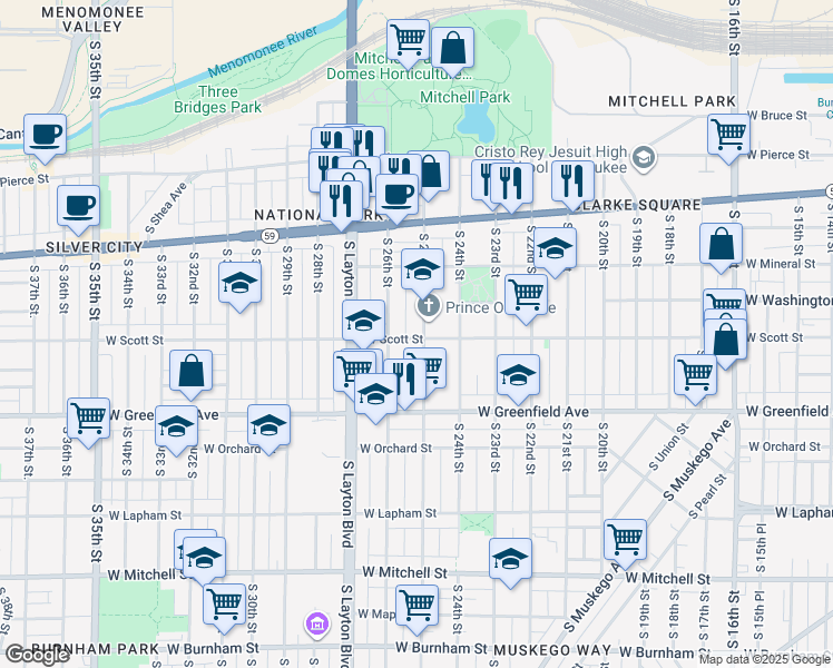 map of restaurants, bars, coffee shops, grocery stores, and more near 1223 South 25th Street in Milwaukee