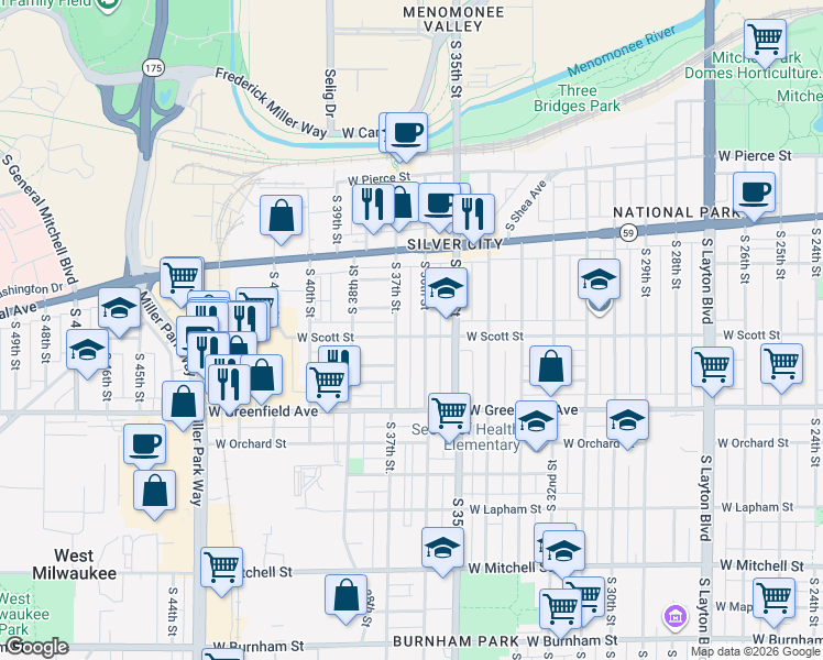 map of restaurants, bars, coffee shops, grocery stores, and more near 1220 South 37th Street in Milwaukee