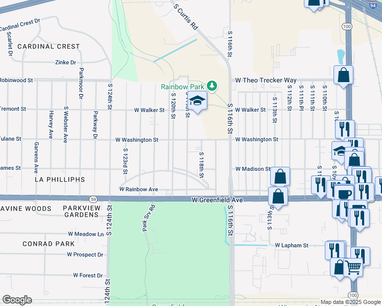 map of restaurants, bars, coffee shops, grocery stores, and more near 11834 West Rainbow Avenue in West Allis