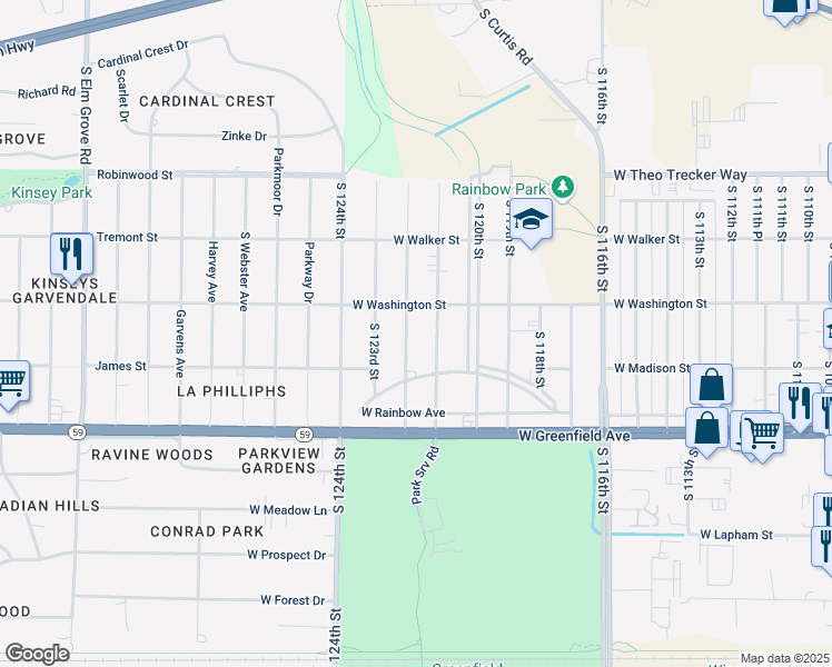 map of restaurants, bars, coffee shops, grocery stores, and more near 1231 South 122nd Street in West Allis