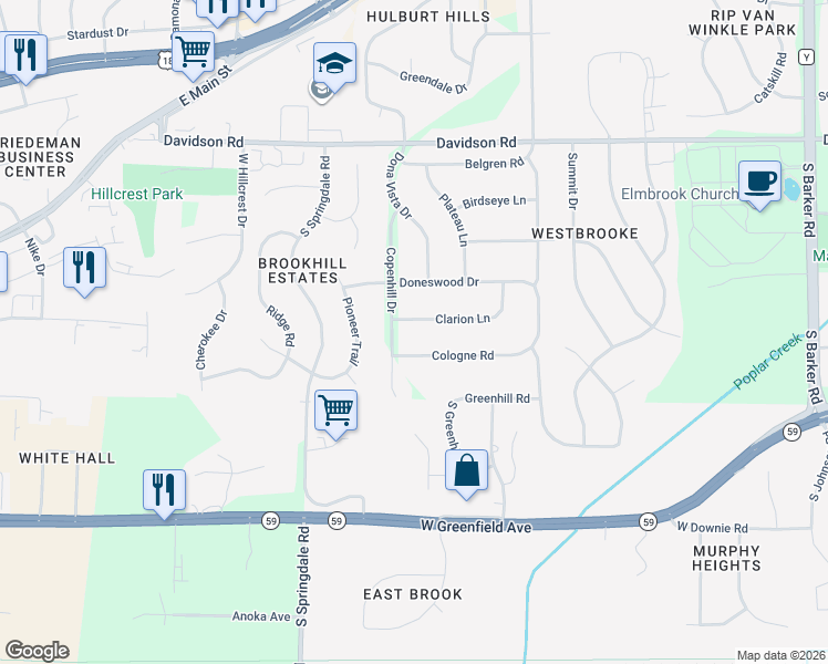 map of restaurants, bars, coffee shops, grocery stores, and more near 21675 Cologne Road in Waukesha