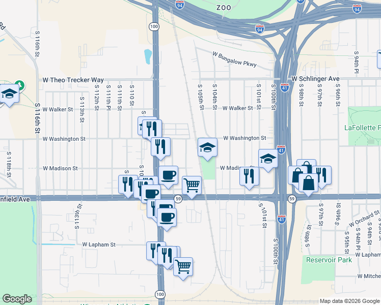 map of restaurants, bars, coffee shops, grocery stores, and more near 10530 West Madison Street in West Allis