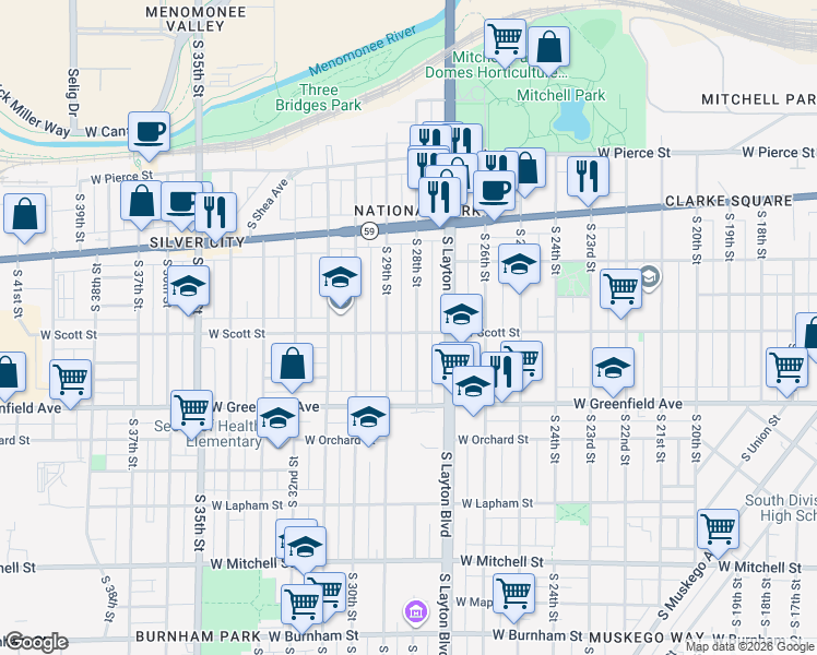 map of restaurants, bars, coffee shops, grocery stores, and more near 1223 South 28th Street in Milwaukee