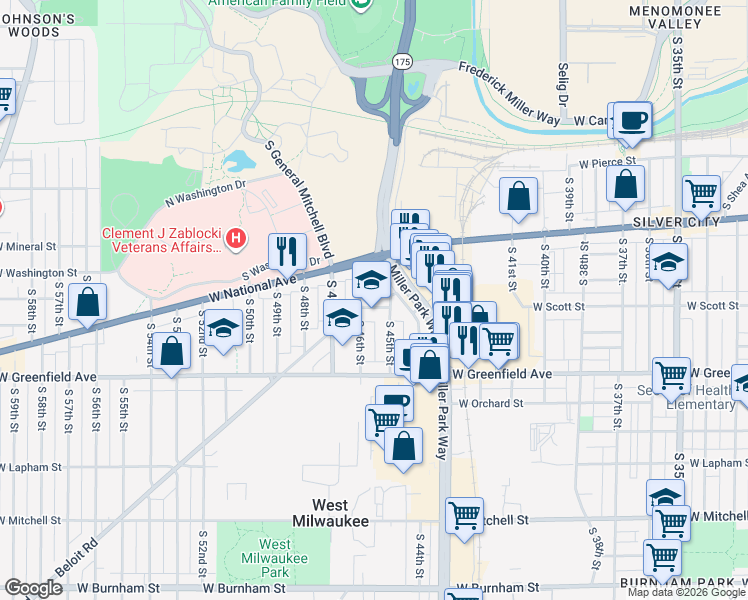 map of restaurants, bars, coffee shops, grocery stores, and more near 1233 South 41st Street in West Milwaukee
