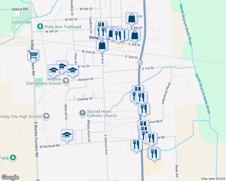 map of restaurants, bars, coffee shops, grocery stores, and more near 185 Lynn Court in Imlay City