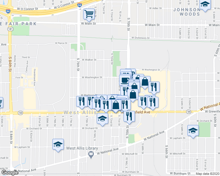 map of restaurants, bars, coffee shops, grocery stores, and more near 1209 South 72nd Street in West Allis