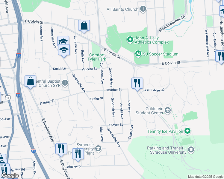 map of restaurants, bars, coffee shops, grocery stores, and more near 199 Vincent Street in Syracuse
