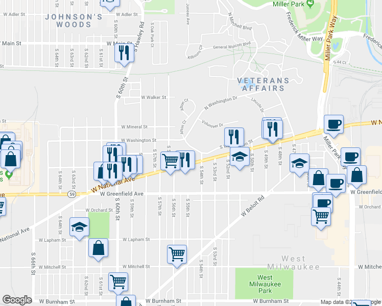 map of restaurants, bars, coffee shops, grocery stores, and more near 5400 West National Avenue in Milwaukee