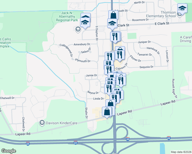 map of restaurants, bars, coffee shops, grocery stores, and more near 305 Delzingro Drive in Davison