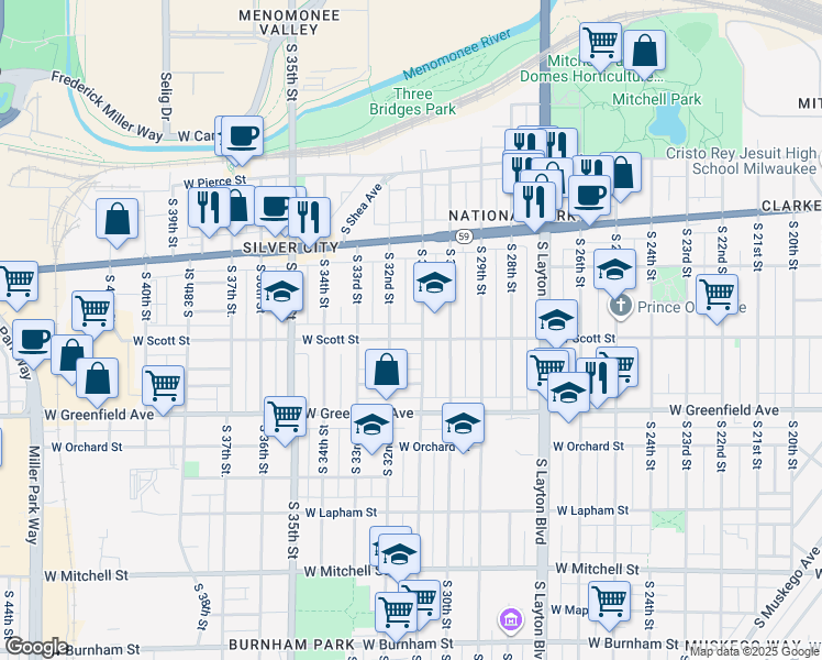 map of restaurants, bars, coffee shops, grocery stores, and more near 3110 West Scott Street in Milwaukee