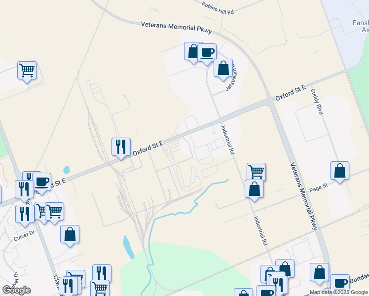 map of restaurants, bars, coffee shops, grocery stores, and more near 2035 Oxford Street East in London