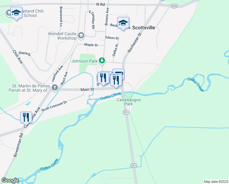 map of restaurants, bars, coffee shops, grocery stores, and more near 22 Main Street in Scottsville