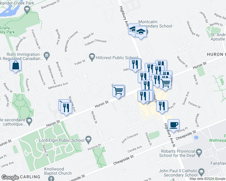 map of restaurants, bars, coffee shops, grocery stores, and more near 185 Regal Drive in London