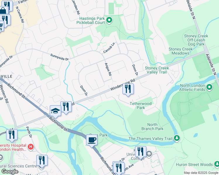 map of restaurants, bars, coffee shops, grocery stores, and more near 2 Angus Court in London
