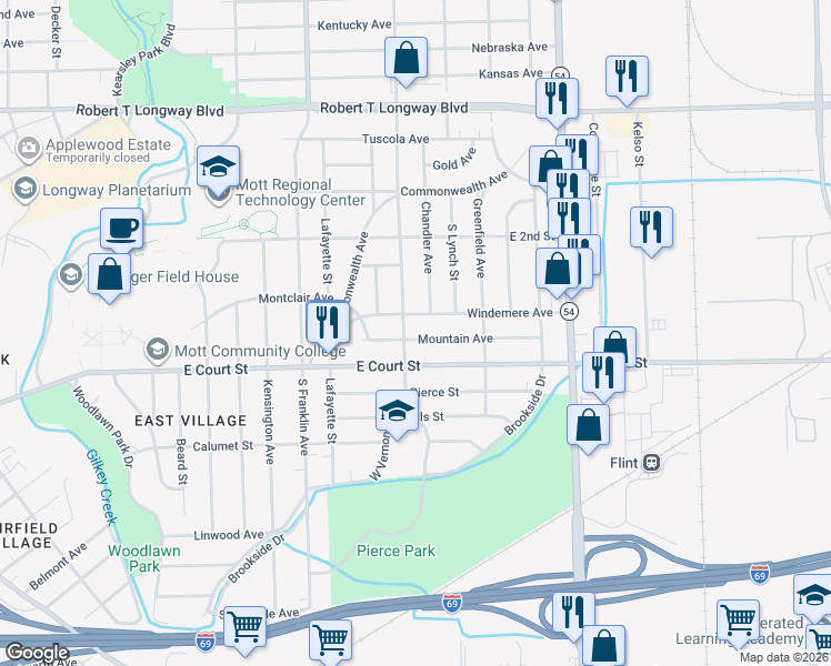 map of restaurants, bars, coffee shops, grocery stores, and more near 2201 Windemere Avenue in Flint