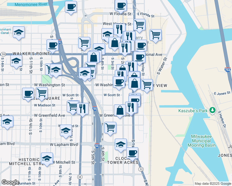 map of restaurants, bars, coffee shops, grocery stores, and more near 229 West Washington Street in Milwaukee
