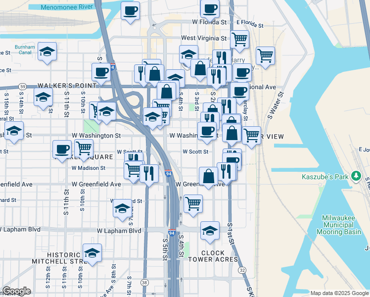 map of restaurants, bars, coffee shops, grocery stores, and more near 331 West Washington Street in Milwaukee