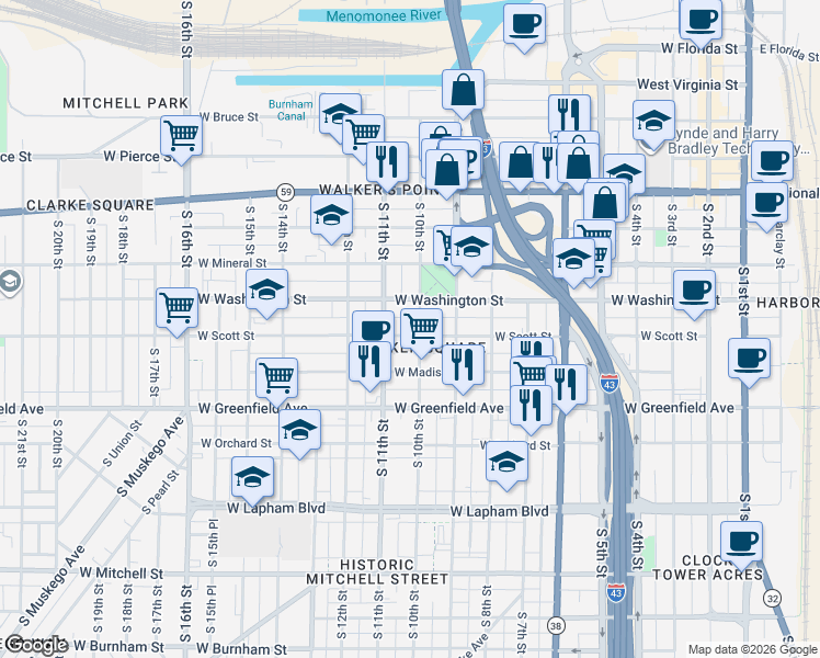 map of restaurants, bars, coffee shops, grocery stores, and more near 1005 West Washington Street in Milwaukee