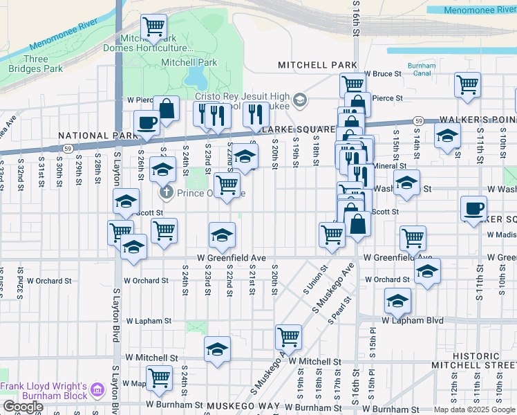 map of restaurants, bars, coffee shops, grocery stores, and more near 1102 South 21st Street in Milwaukee
