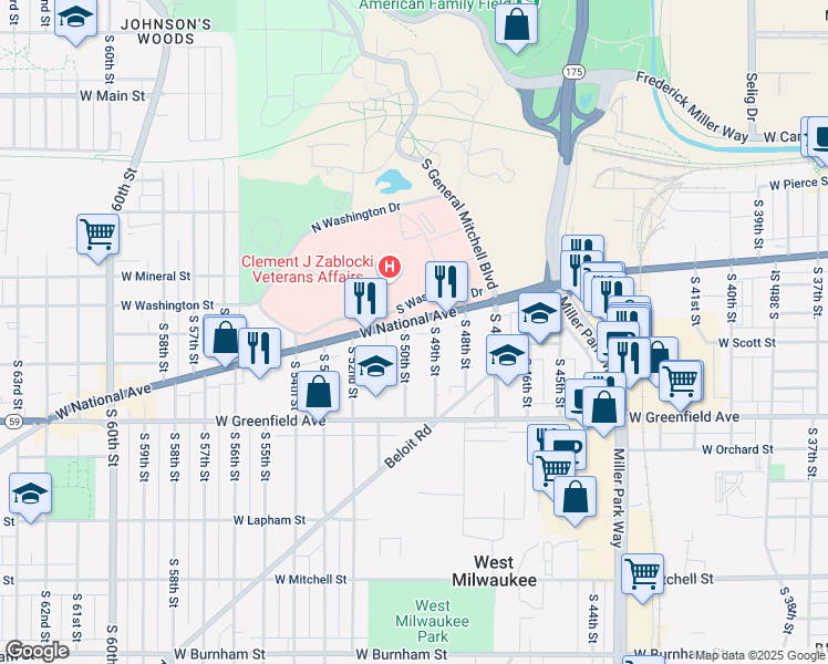 map of restaurants, bars, coffee shops, grocery stores, and more near in Milwaukee