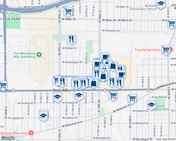map of restaurants, bars, coffee shops, grocery stores, and more near 1112 South 72nd Street in West Allis