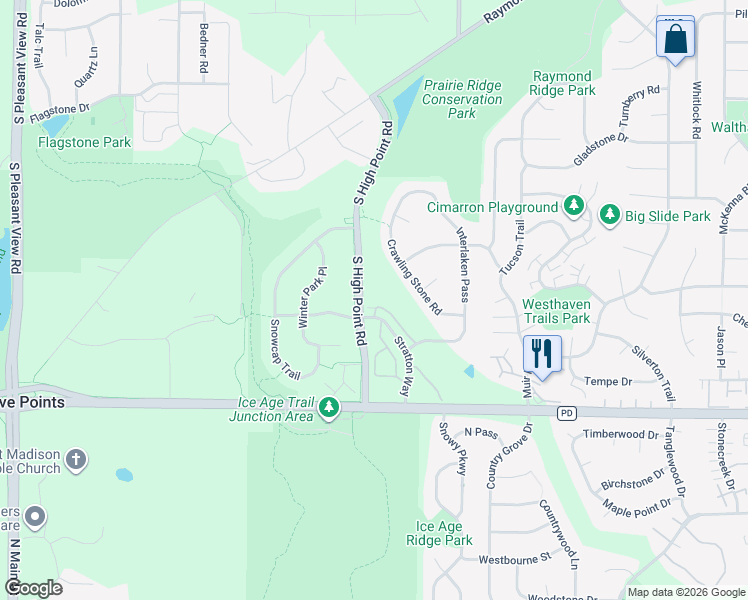 map of restaurants, bars, coffee shops, grocery stores, and more near 2801 Snowmist Trail in Madison