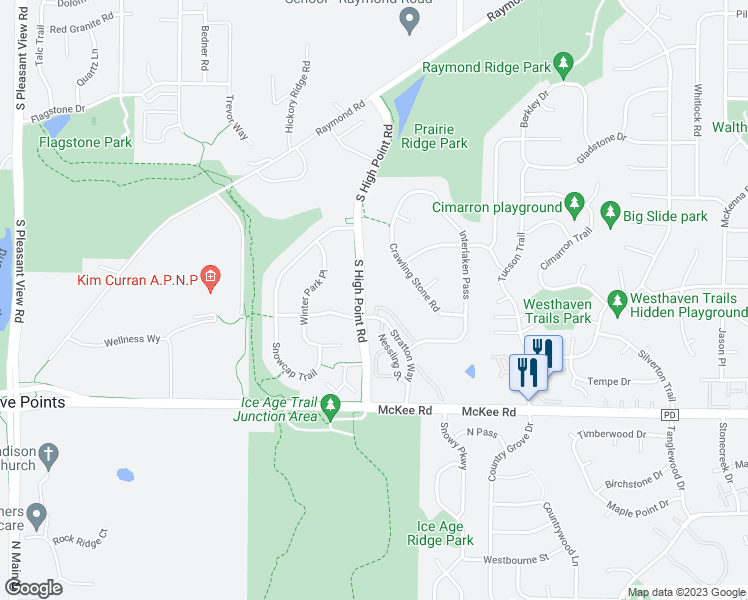 map of restaurants, bars, coffee shops, grocery stores, and more near 2801 Snowmist Trail in Madison