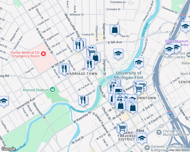 map of restaurants, bars, coffee shops, grocery stores, and more near 413 Garland Street in Flint