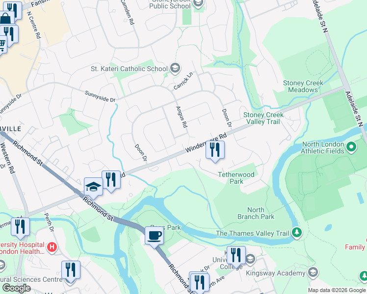 map of restaurants, bars, coffee shops, grocery stores, and more near 544 Windermere Road in London