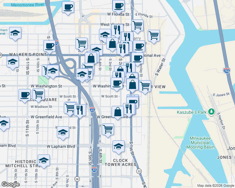 map of restaurants, bars, coffee shops, grocery stores, and more near 229 West Washington Street in Milwaukee