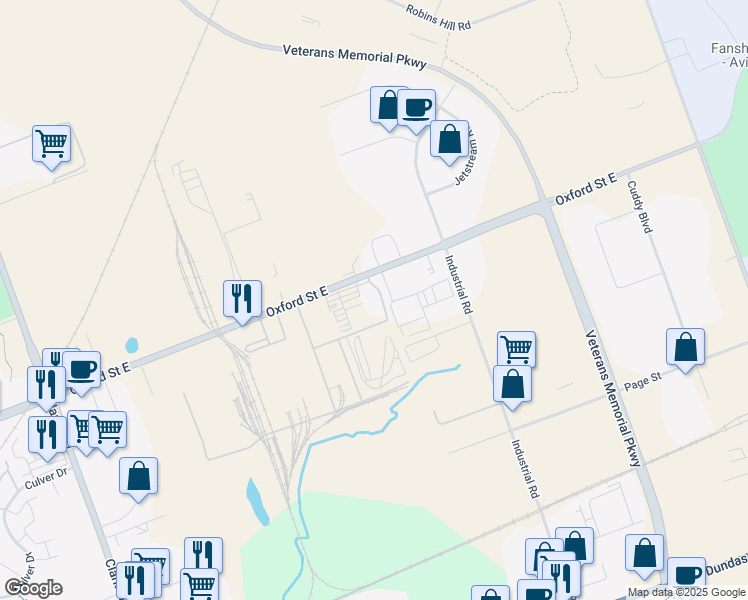 map of restaurants, bars, coffee shops, grocery stores, and more near 2035 Oxford Street East in London