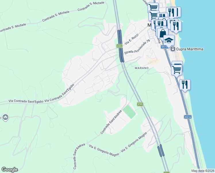 map of restaurants, bars, coffee shops, grocery stores, and more near 26 Via Marche in Cupra Marittima
