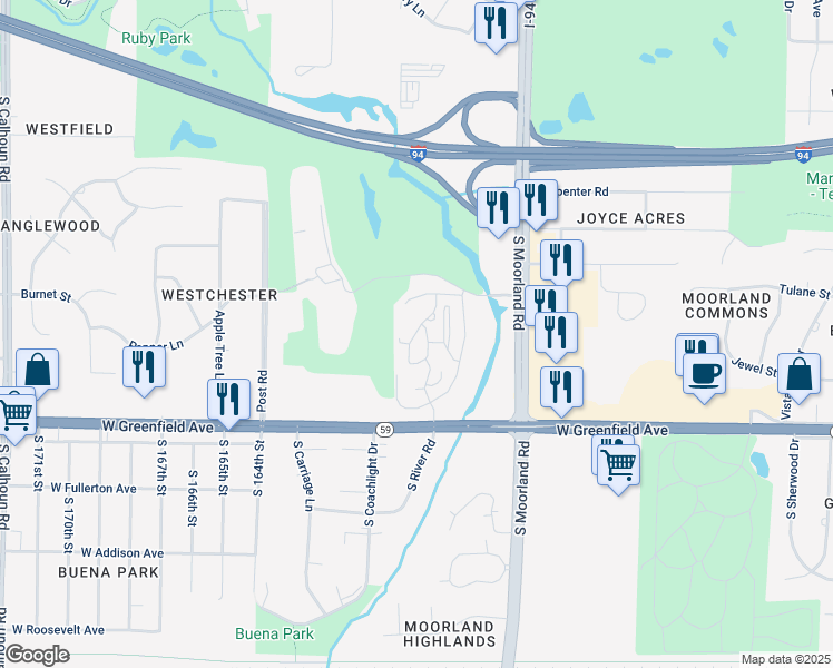 map of restaurants, bars, coffee shops, grocery stores, and more near 1250 Club Circle in Brookfield