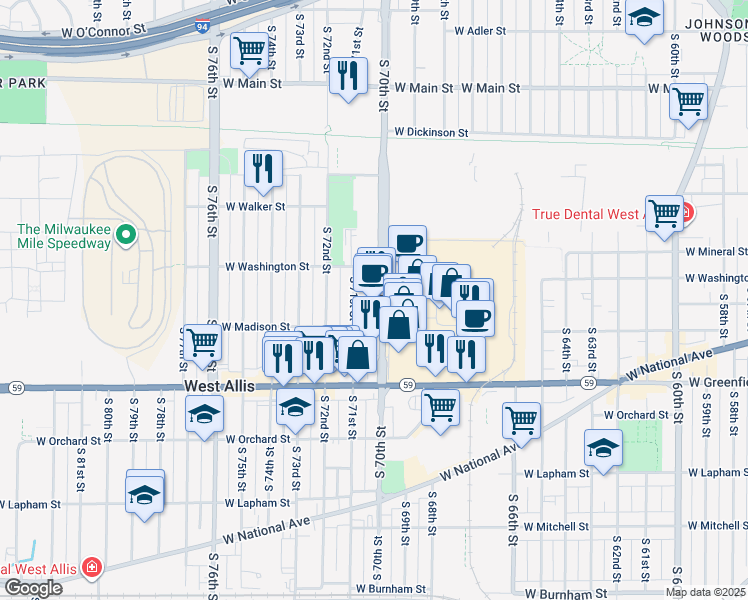 map of restaurants, bars, coffee shops, grocery stores, and more near 1115 South 70th Street in West Allis